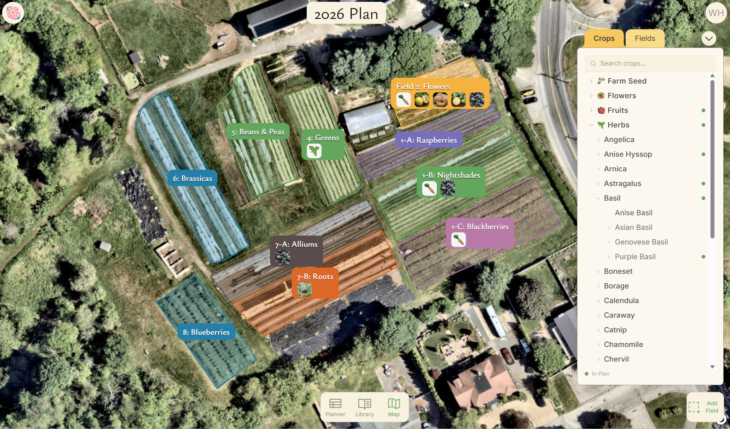 Map out your fields with the intuitive drawing tool. Assign crops from a library of 4,000+ varieties.