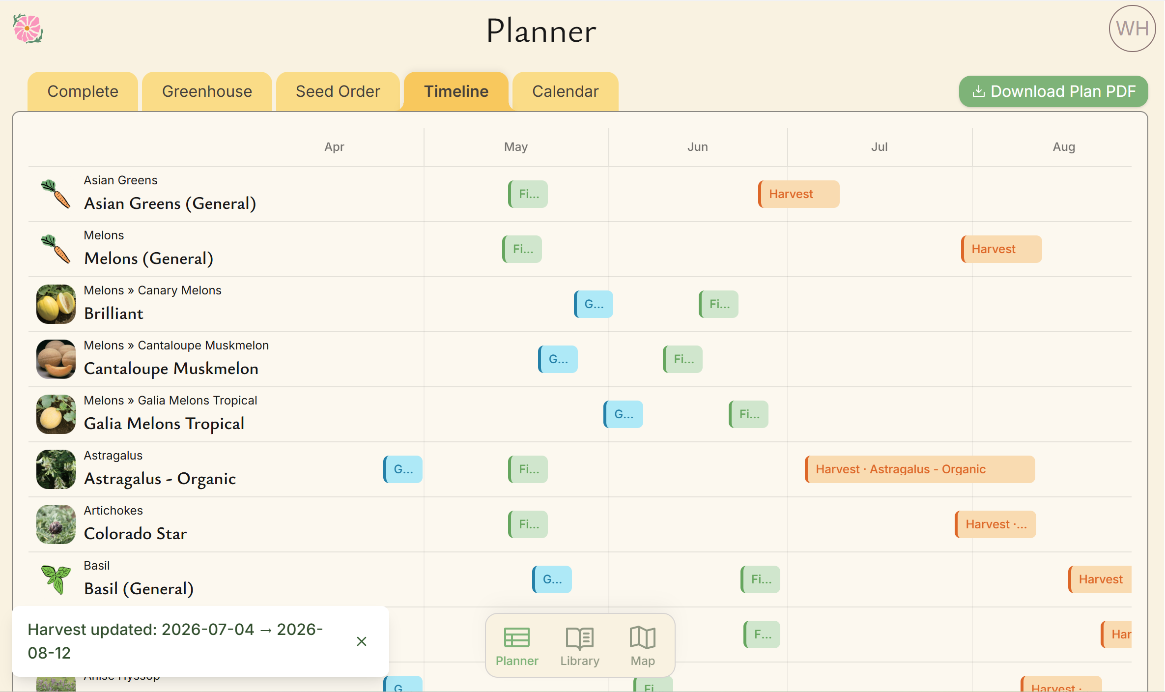Visualize your crop schedule with the interactive timeline. Plan and adjust your planting and harvesting dates with ease.